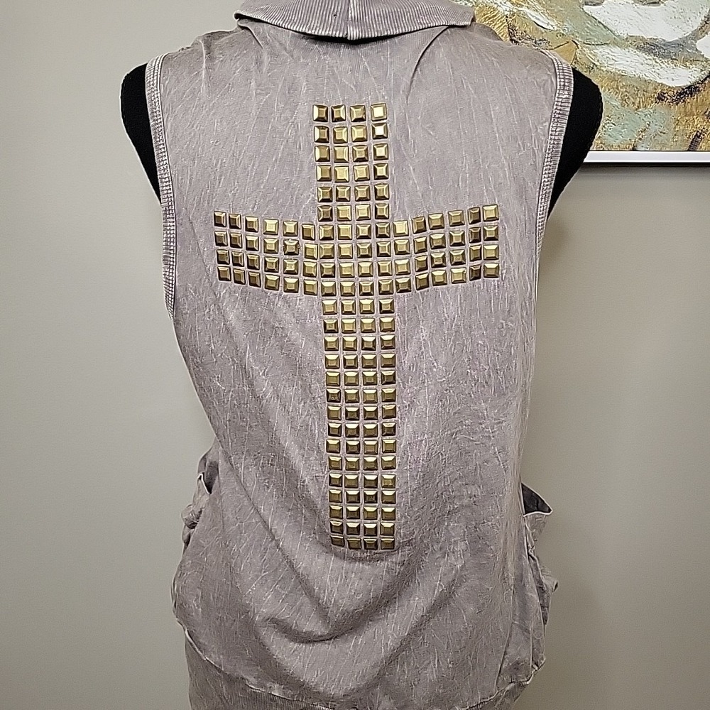 Urban X Distress Gray Sleeveless Open Front Cardiagan‎ Gold Studded Cross Boho S